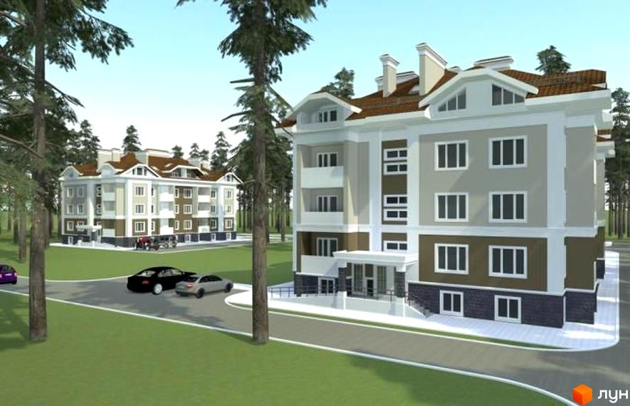 Житловий комплекс на вул. Виговського (Суворова), 22, 22а складається з малоповерхових будинків зі світлими фасадами та коричневими дахами, оточених зеленою територією.