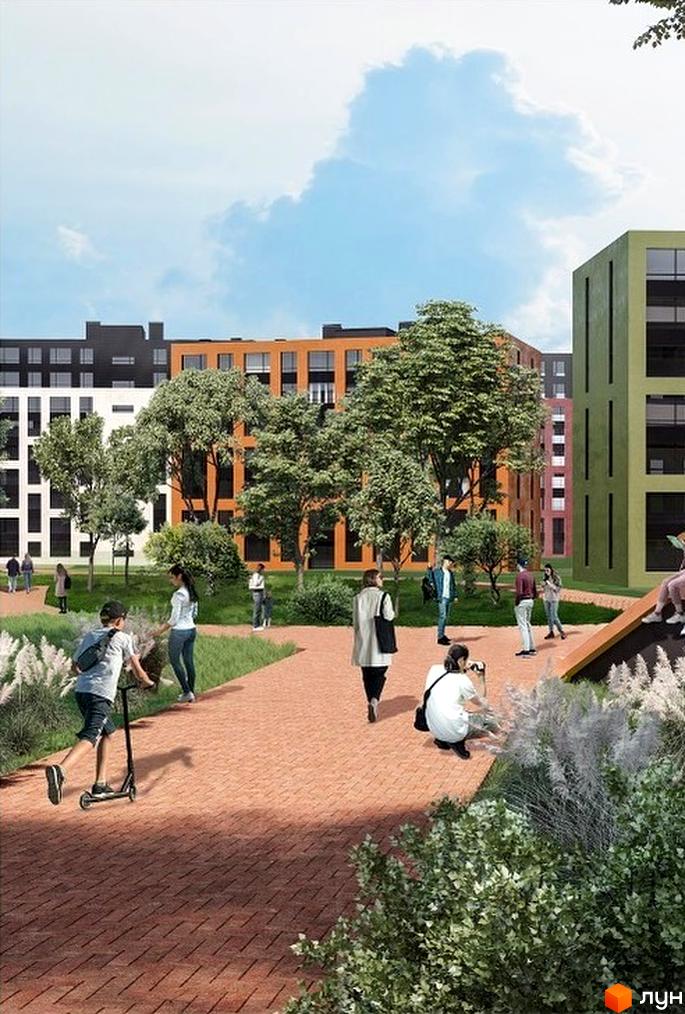 Житловий комплекс Аквамарин: фасади будівель та зелена прибудинкова територія з пішохідними доріжками та місцями для відпочинку.