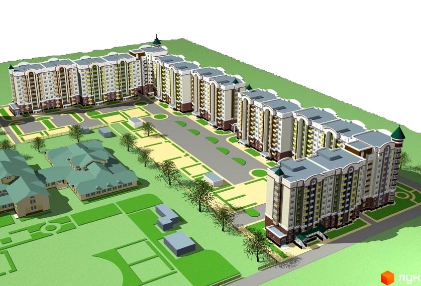 Вигляд житлового комплексу Юність з висоти. Прибудинкова територія з зеленими насадженнями та облаштованими доріжками.