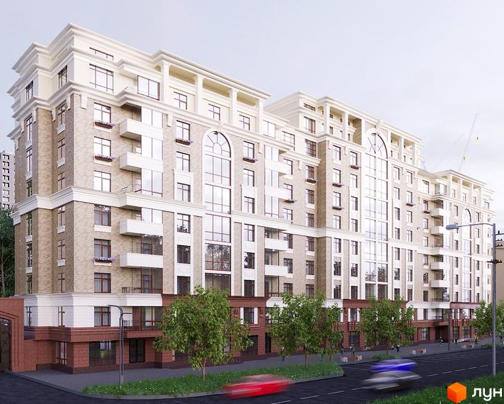 Фасад житлового комплексу Grand deLux на Садовій, виконаний у класичному стилі з цегляним оздобленням та великими вікнами. Навколо комплексу зелена зона з деревами та тротуар.