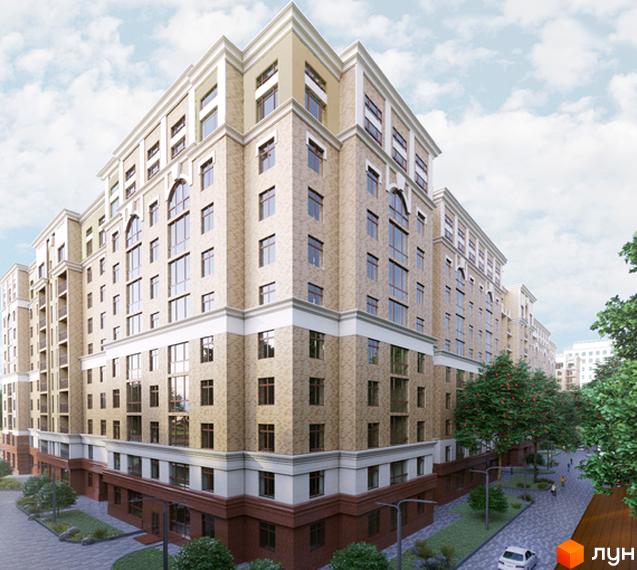 Житловий комплекс Grand deLux на Садовій - це багатоповерхова новобудова з цегляним фасадом та великими вікнами, розташована біля зеленої прибудинкової території з деревами та пішохідними доріжками.