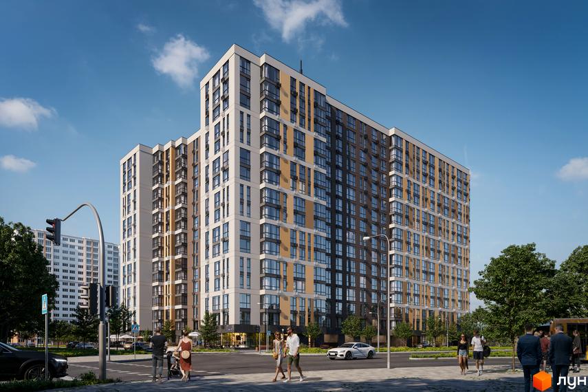 Житловий комплекс ПРОСТІР. Солом'янський: багатоповерховий будинок з панорамними вікнами та балконами, сучасний фасад, зелена прибудинкова територія з пішохідними доріжками.