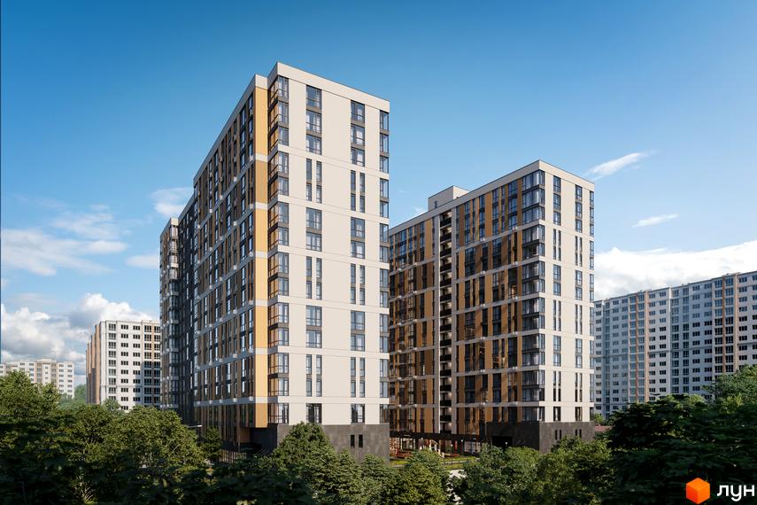 Зовнішній вигляд житлового комплексу ПРОСТІР. Солом’янський з фасадами з світлих панелей та дерев'яних вставок, на тлі блакитного неба. На передньому плані зелені дерева.