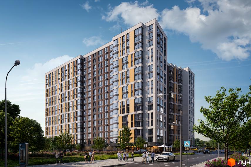 Житловий комплекс ПРОСТІР. Солом’янський - сучасна новобудова з коричнево-жовтим фасадом та великою кількістю вікон. Територія навколо будинку озеленена, є доріжки для пішоходів та проїжджа частина.