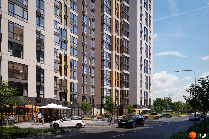 Висотна будівля житлового комплексу ПРОСТІР з великою кількістю вікон. На прибудинковій території розташовані ресторани, тротуар та припарковані автомобілі.