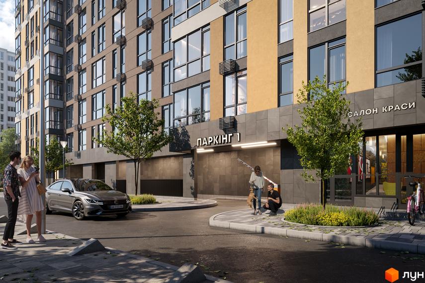 Зовнішній вигляд новобудови ЖК ПРОСТІР. Солом’янський з паркінгом та фасадом з вікнами та декоративними елементами. Поруч прибудинкова територія з деревами та місцем для відпочинку.