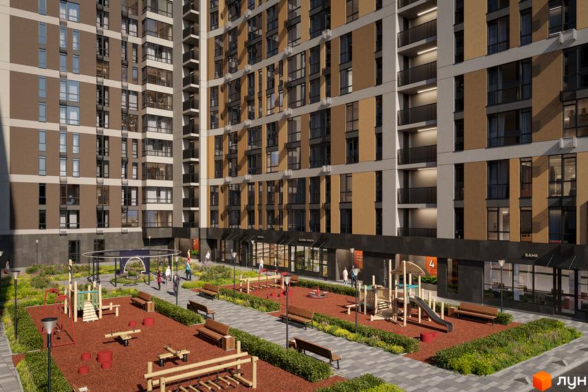 Зовнішній вигляд будинку ЖК ПРОСТІР. Солом’янський, з дитячим майданчиком та зонами відпочинку на прибудинковій території.