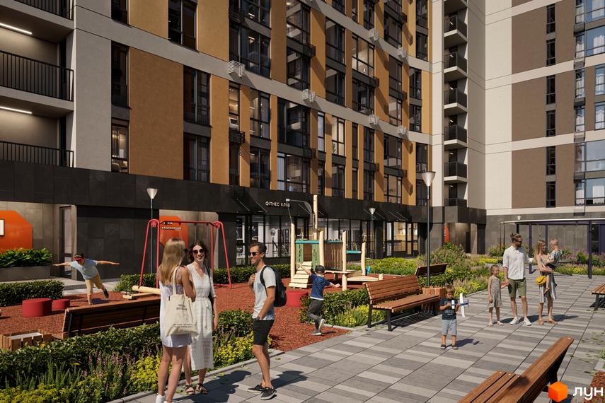 Висотна будівля ЖК ПРОСТІР з великими вікнами та облаштованою прибудинковою територією з дитячим майданчиком та зонами відпочинку.