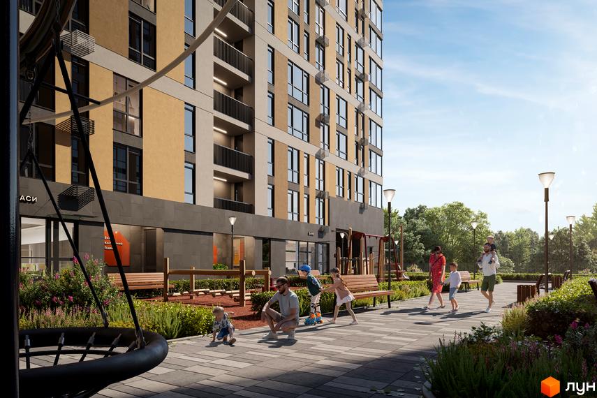 Житловий комплекс ПРОСТІР. Солом’янський з фасадом у світлих тонах, поруч дитячий майданчик та місця для відпочинку мешканців.