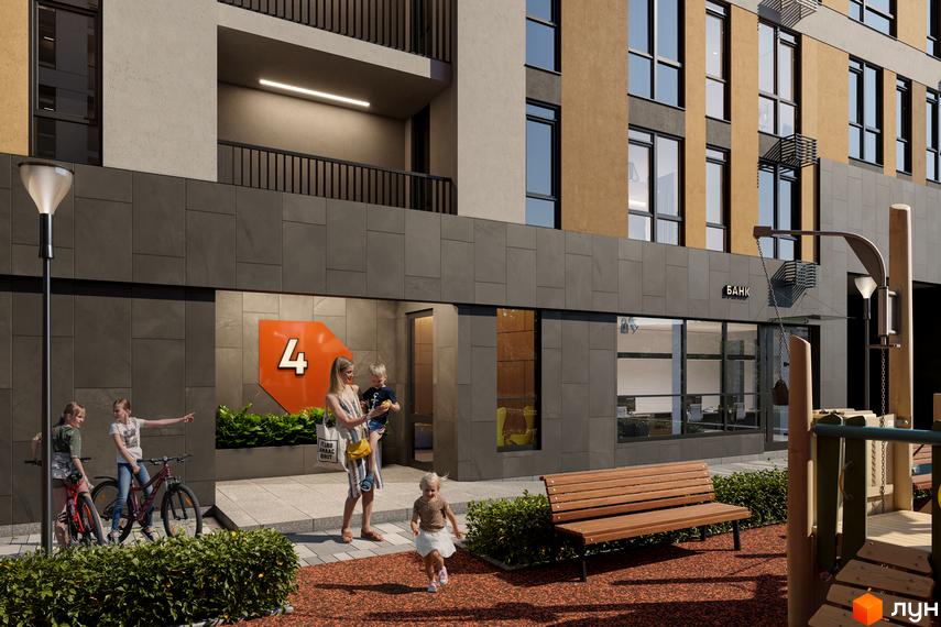 Фасад будинку Житловий комплекс ПРОСТІР. Солом’янський. На передньому плані діти з велосипедами, дитячий майданчик та лавка для відпочинку.