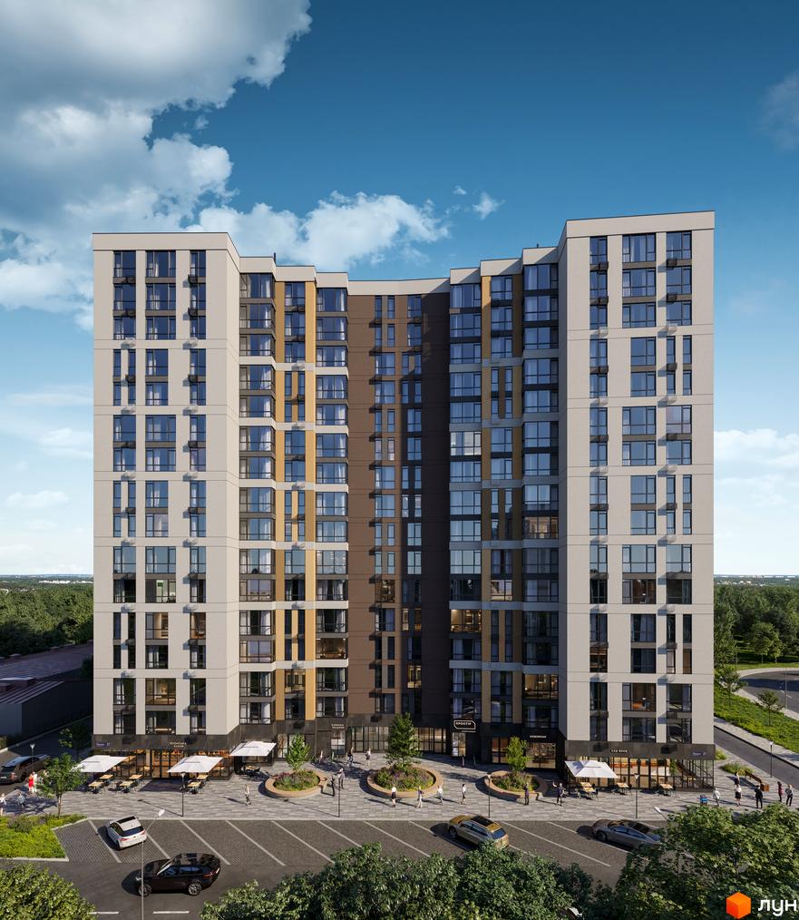 Житловий комплекс ПРОСТІР у Солом'янському районі Києва. Будинок має багато вікон, балконів та комерційні приміщення на першому поверсі. Навколо будинку розташовані парковка, зелені зони та місця для відпочинку.