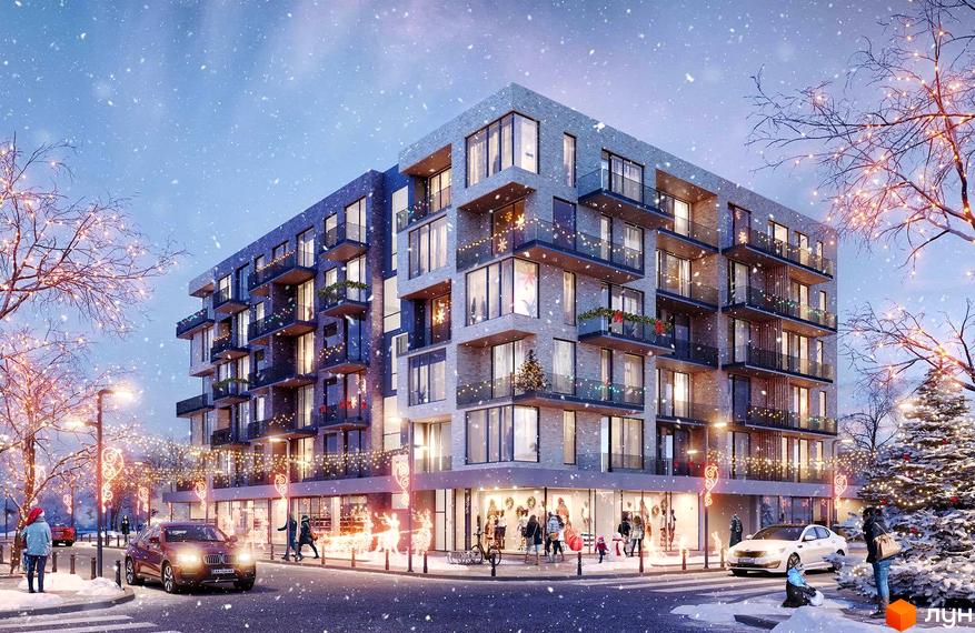 Житловий комплекс Art House з балконами та великими вікнами, прикрашений новорічними гірляндами. Навколо засніжена вулиця з освітленими деревами та пішоходами.