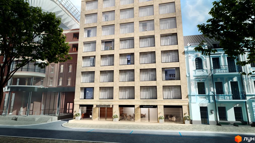 Апарт-готель „На Тургенєвській, 17а“ – це сучасна новобудова з фасадом з натурального каменю та великими вікнами, розташована поруч з історичною забудовою.