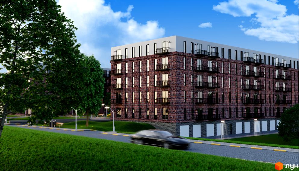 Зовнішній вигляд житлового комплексу Status Residence з цегляним фасадом та балконами, зелена прибудинкова територія з деревами та дорогою.