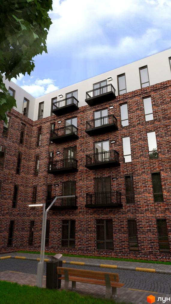 Фасад житлового комплексу Status Residence з цегляною кладкою та балконами. Поруч розташовані лавка та ліхтар.