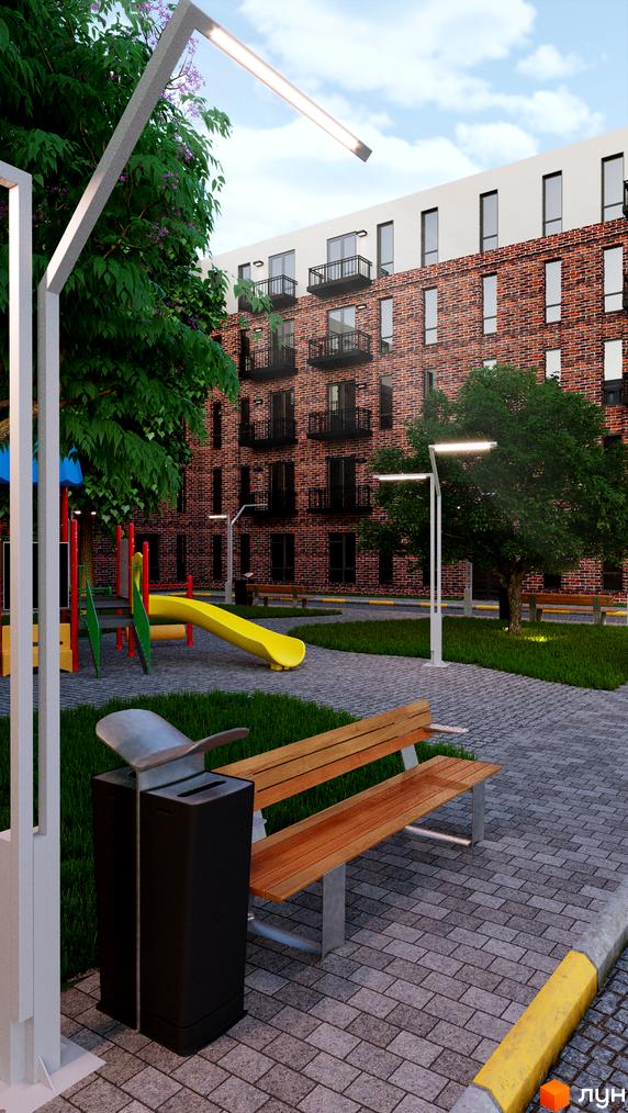 Зображення фасаду будинку з червоної цегли в Житловому районі Status Residence. На території є дитячий майданчик, лавки та зелені насадження.