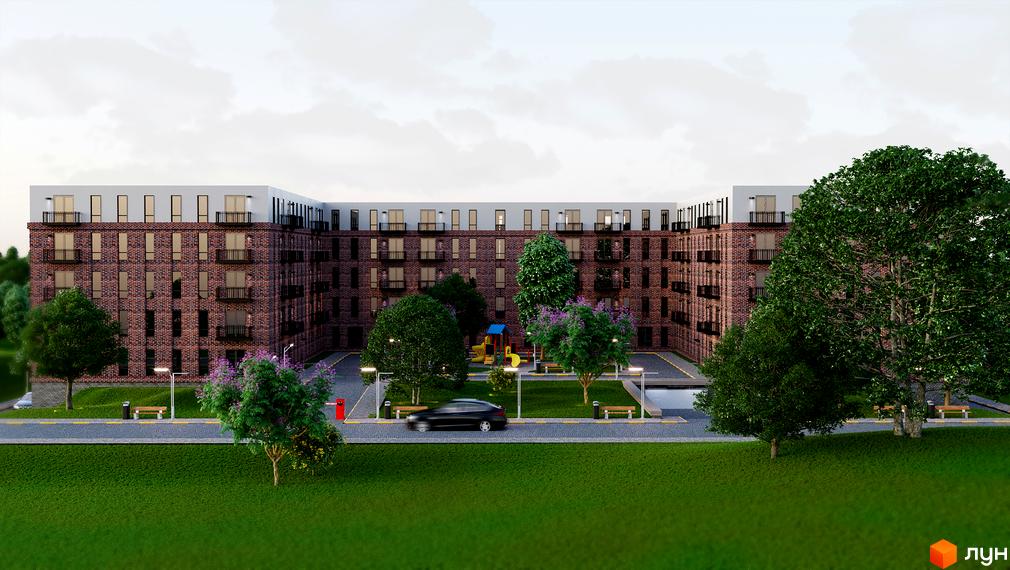 Житловий комплекс Status Residence з червоної цегли з балконами та великими вікнами. На прибудинковій території дитячий майданчик, лавки та зелені насадження.