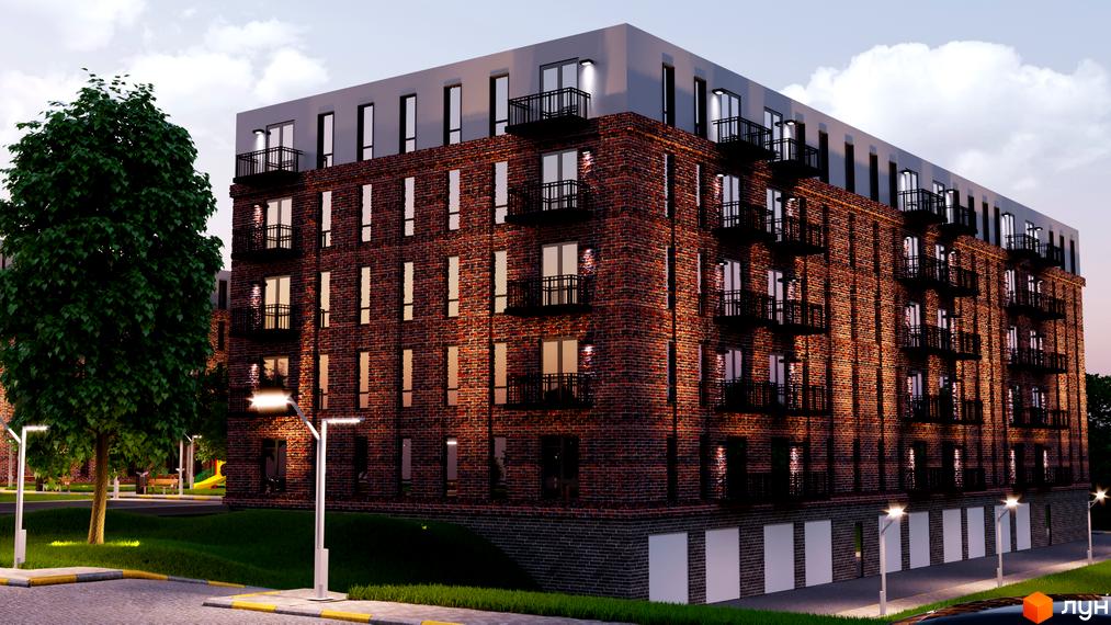 Зображення фасаду Житлового комплексу Status Residence з червоної цегли з балконами та великими вікнами. Навколо зелена територія з деревами.