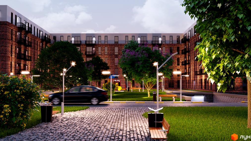 Зображення фасаду та прибудинкової території Житлового комплексу Status Residence. На території є дерева, лавки та дитячий майданчик.