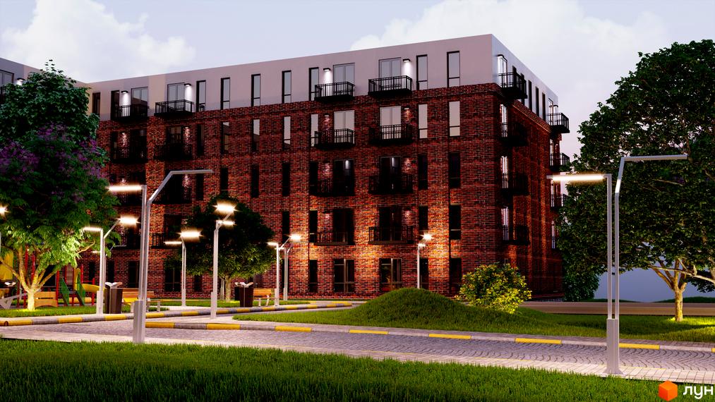 Зображення фасаду та прибудинкової території Житлового комплексу Status Residence. Цегляний будинок з балконами та освітленням.