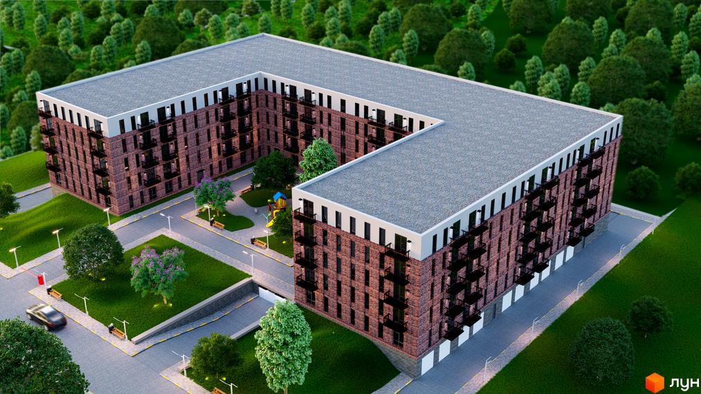 Зображення Житлового комплексу Status Residence з виглядом на фасади будинку та прибудинкову територію з деревами.