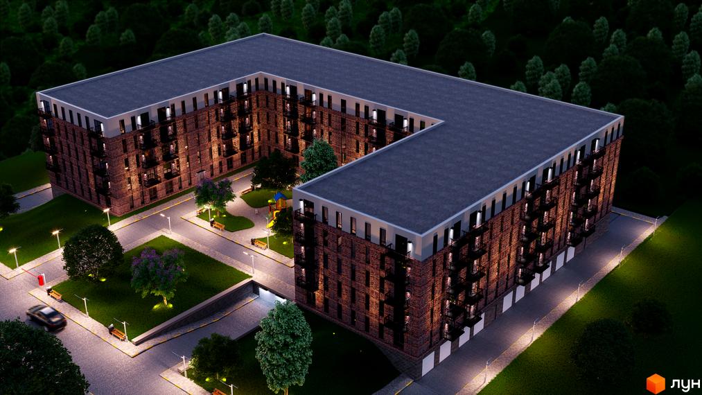 Зображення Житлового комплексу Status Residence: багатоповерховий будинок з червоної цегли та прибудинкова територія з деревами, газонами та лавками.