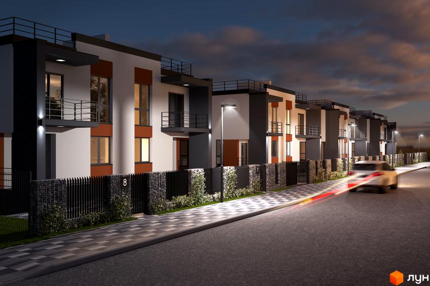 Котеджне містечко Дем’янів лаз: фасади будинків з великими вікнами та балконами, огороджена територія з бруківкою та освітленням.
