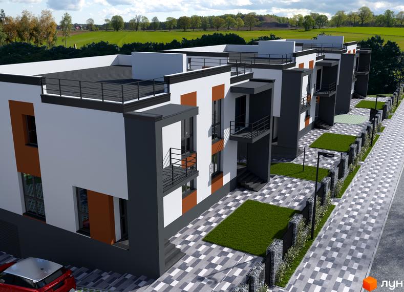 Котеджне містечко Дем’янів лаз: ряд котеджів з білими, темно-сірими фасадами та помаранчевими акцентами. Прибудинкова територія має мощені доріжки та зелені газони.