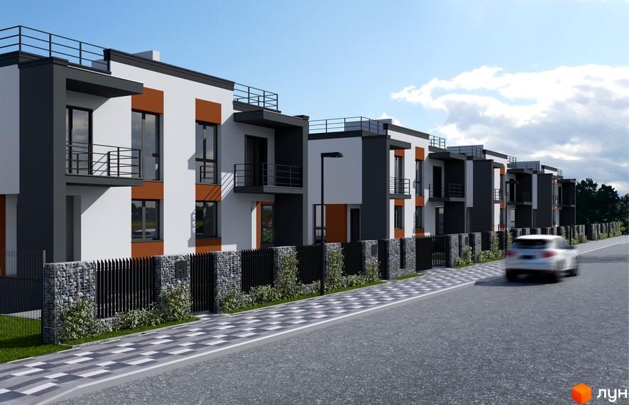 Котеджне містечко КМ Дем’янів лаз: фасади будинків з великими вікнами та балконами, огороджена територія з бруківкою та озелененням.
