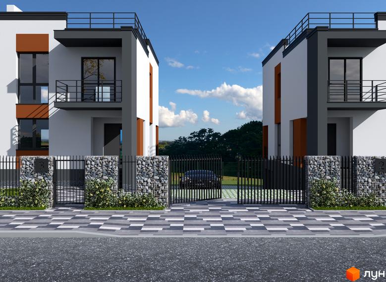 Котеджне містечко Дем’янів лаз: фасади будинків з панорамними вікнами та балконами, огороджена територія з бруківкою та парканом.