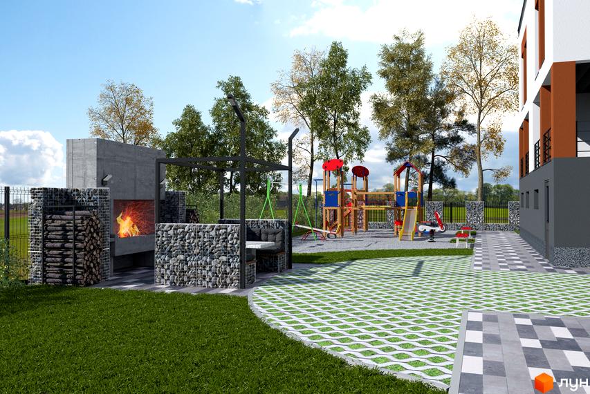 Фасад будівлі Котеджного містечка Дем’янів лаз з білими, теракотовими та темно-сірими елементами. Прибудинкова територія має дитячий майданчик та зону відпочинку з барбекю.