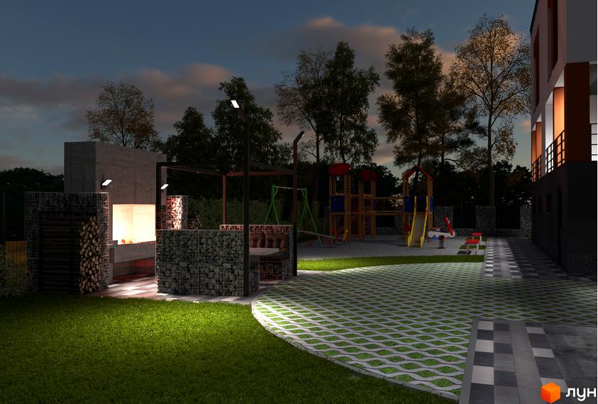 Котеджне містечко Дем’янів лаз. Зовнішній вигляд будинку та прибудинкова територія з дитячим майданчиком та зоною барбекю ввечері.