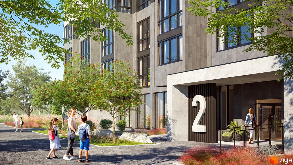 Зображення ЖК 7 KVARTAL: будівля з великими вікнами та вхідною групою. На території видно дерева, тротуар та людей.