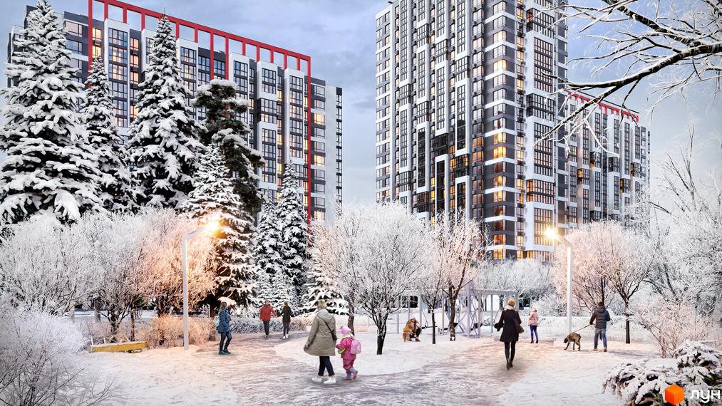 Зимовий пейзаж ЖК 7 KVARTAL з висотними будинками та засніженою прибудинковою територією, де гуляють люди.