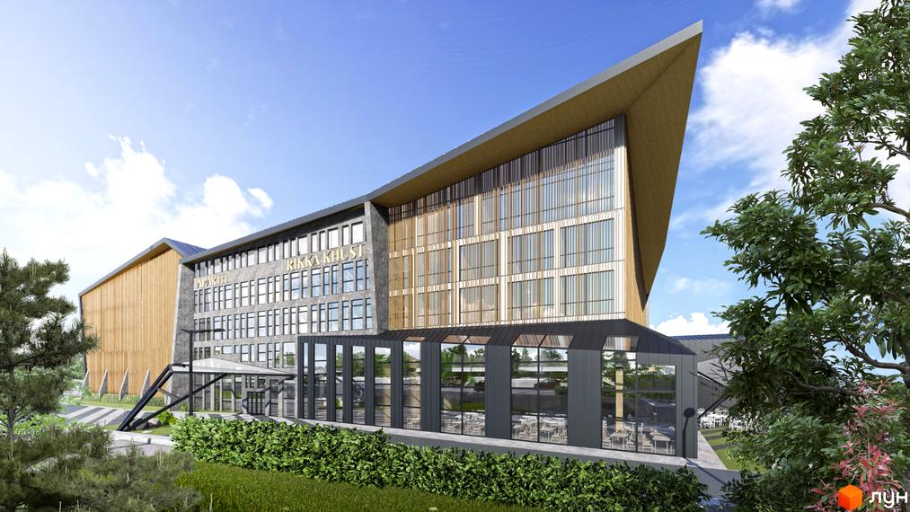 Будівля апарт-готелю Rikka KHUST thermal resort з похилим дахом, фасадом з каменю та дерева, великими вікнами. Прибудинкова територія з зеленими насадженнями.