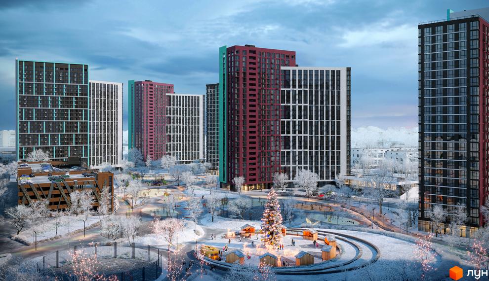 Житловий комплекс Dibrova Park з багатоповерховими будинками різних кольорів та зимовою прибудинковою територією з ялинкою і святковими локаціями.