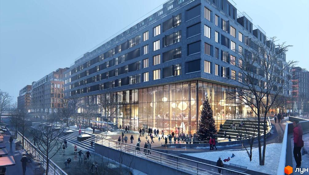 Зовнішній вигляд житлового району Rybalsky взимку з людьми на сходах та біля річки. Сучасна архітектура новобудови з великими вікнами та різдвяною ялинкою.