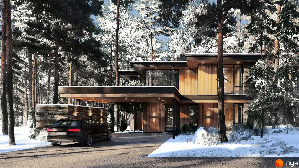 Зображення будинку в Котеджному містечку Wooden House. Двоповерховий будинок з дерев'яним фасадом, великими вікнами та прилеглою територією.