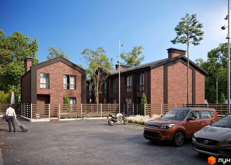 Котеджний комплекс BROOKLYN складається з двоповерхових цегляних таунхаусів з темними дахами. На передньому плані видно паркувальний майданчик з автомобілями та зелені насадження.