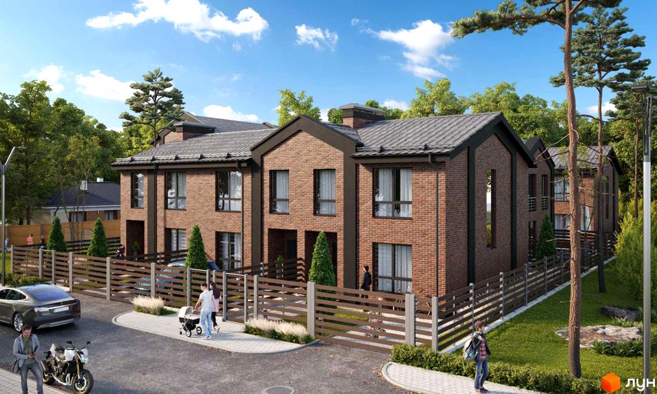 Таунхауси BROOKLYN з червоної цегли з великими вікнами та сірим дахом. Навколо огороджена територія з зеленими насадженнями та доглянутою прибудинковою територією.