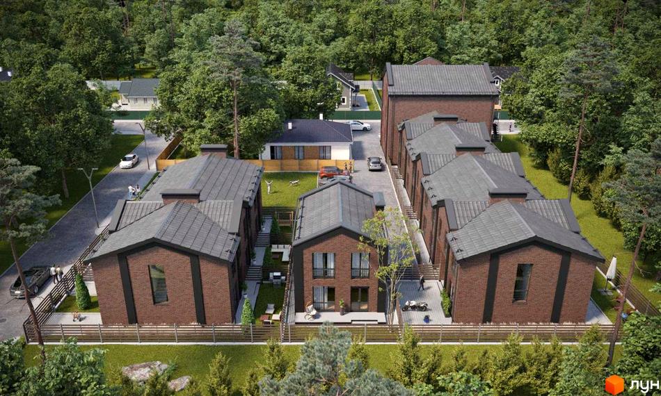 Аерофото Таунхаусів BROOKLYN: цегляні будинки з темними дахами, розташовані рядами вздовж доріг, оточені лісовою зоною.