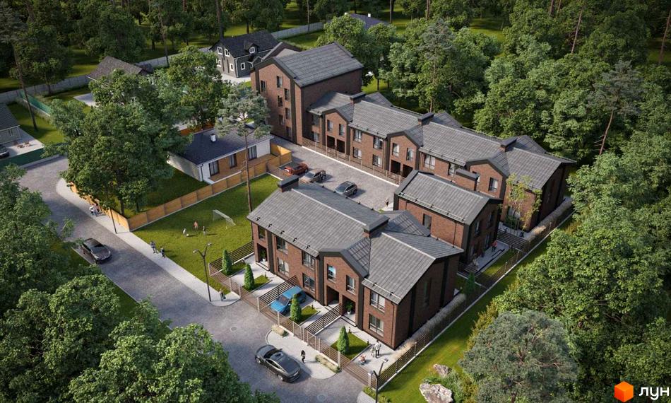 Таунхауси BROOKLYN з цегляними фасадами та темними дахами. Комплекс оточений лісовою зоною та має зелені прибудинкові території.