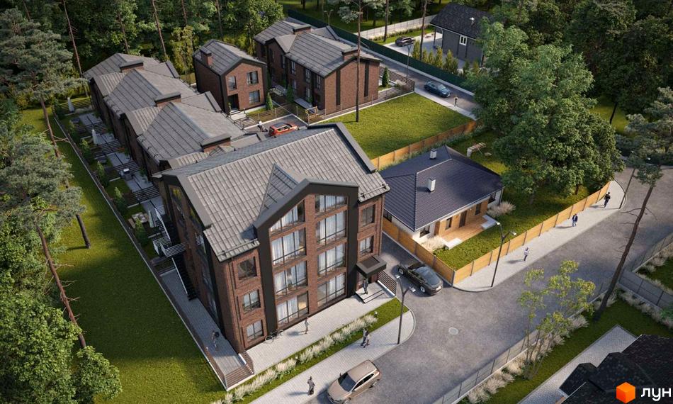 Таунхауси BROOKLYN: ряд багатоквартирних будинків з червоної цегли та темними дахами, оточені зеленими газонами та деревами.