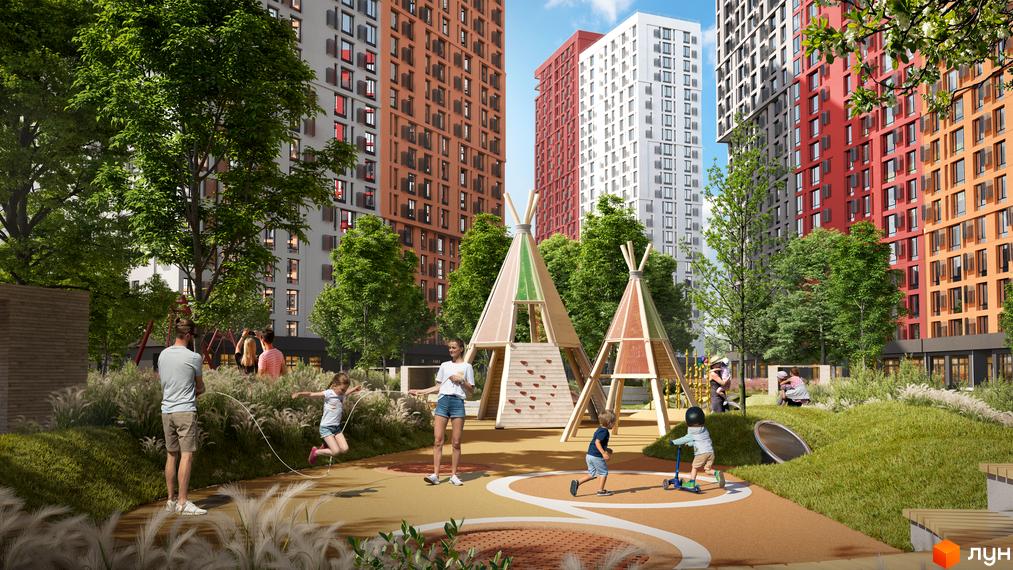 Житловий комплекс Svitlo Park: фасади будинків та дитячий майданчик з тіпі. Сучасний комплекс з місцями для відпочинку та ігор.