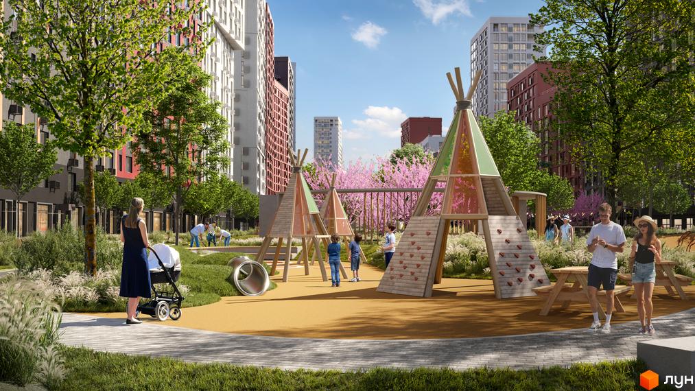 Житловий комплекс Svitlo Park: дитячий майданчик з будиночками-вігвамами та зонами відпочинку. Навколо зелені насадження та багатоповерхові будинки.