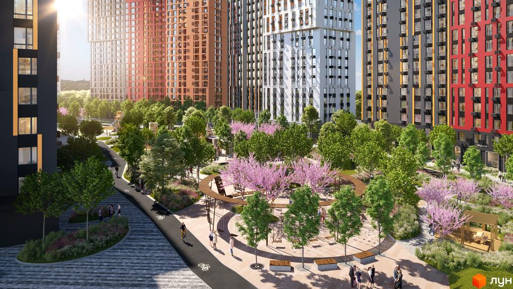 Житловий комплекс Svitlo Park: різнокольорові багатоповерхові будинки з панорамними вікнами та зеленою прибудинковою територією з зонами відпочинку та дитячими майданчиками.