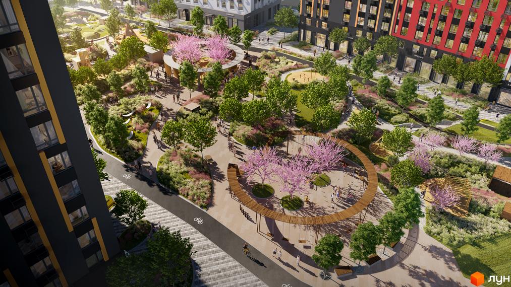 Житловий комплекс Svitlo Park з сучасними фасадами та зеленою прибудинковою територією з зонами відпочинку та дитячими майданчиками.