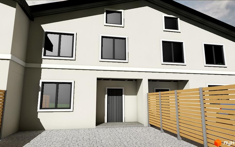 Зовнішній вигляд котеджного містечка Дуби з вікнами та парканом. Прибудинкова територія з бруківкою.