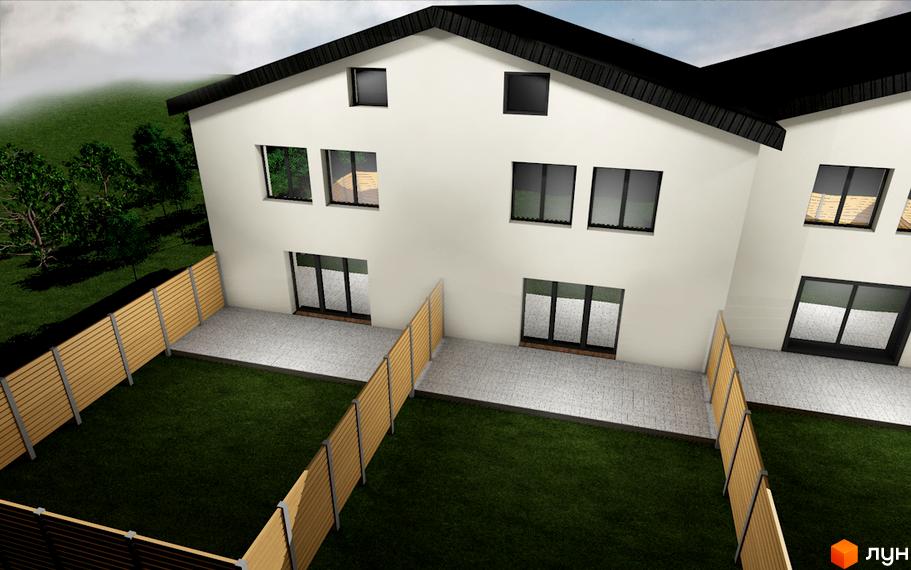 Зовнішній вигляд двоповерхових будинків котеджного містечка Дуби з великими вікнами та огородженою зеленою прибудинковою територією.