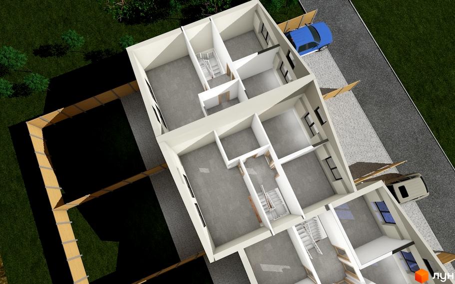 Котеджне містечко Дуби: вид зверху на будинок з прибудинковою територією та автомобілями. Зовнішній вигляд будинку та ділянки.